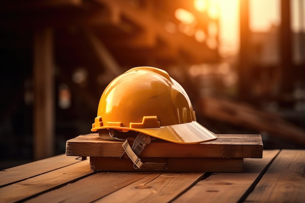 A yellow helmet sits on a wooden work platform with sunset lighting behind it labor day workers day