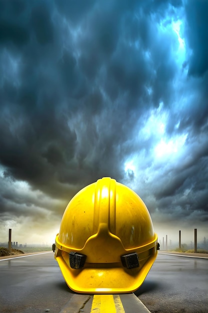 A yellow helmet in a street road with cloudy sky background representing International Labor Day