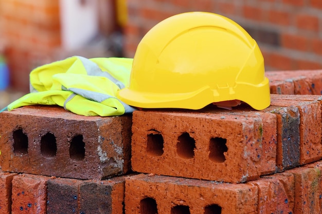 Yellow helmet on top of red brick