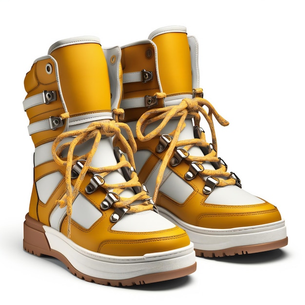 Yellow hiking boots isolated on white background