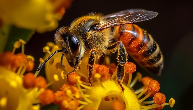 Yellow honey bee pollinates single flower in nature beauty generated by artificial intelligence