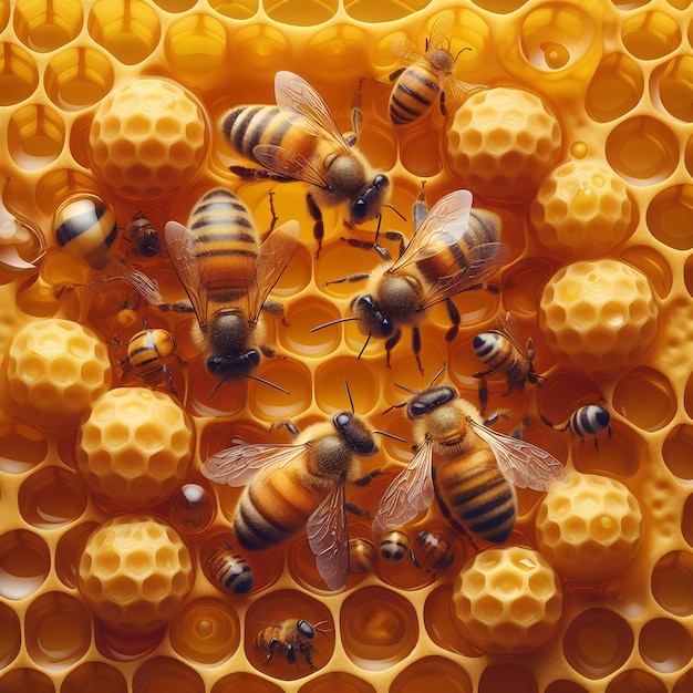 yellow honey cells with five bees on them top view