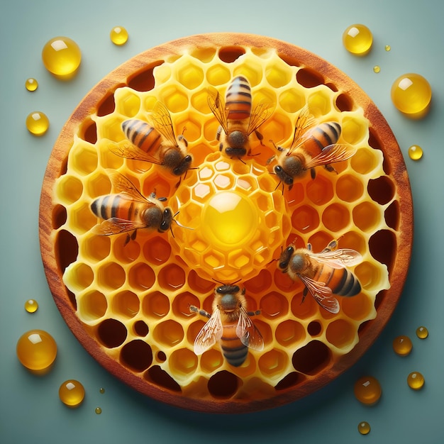yellow honey cells with five bees on them top view