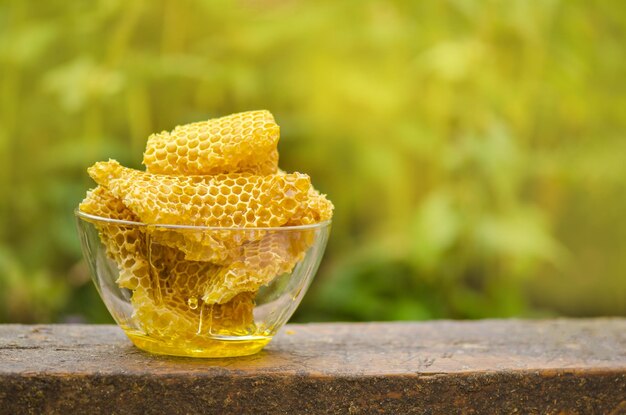 黄色のハニカムスライス蜂蜜セルスライス新鮮なハニカムと蜂蜜のボウル