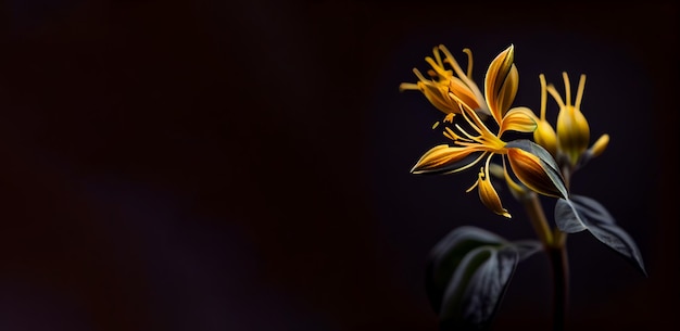 暗い背景に黄色のスイカズラの花