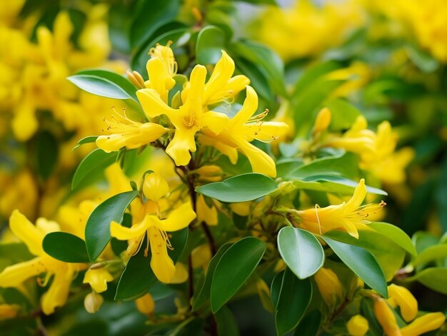 Photo yellow honeysuckle flowering bush is growing with green leaves