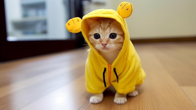 黄色いフードの可愛い子猫はファッショナブルな服装を着ています
