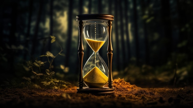 An yellow hourglass in a serene forest setting