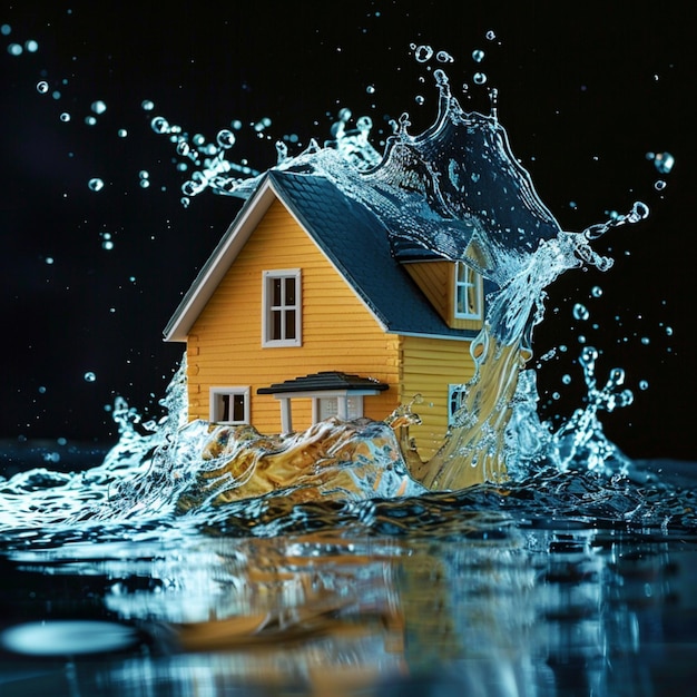 a yellow house is being splashed by a splash of water