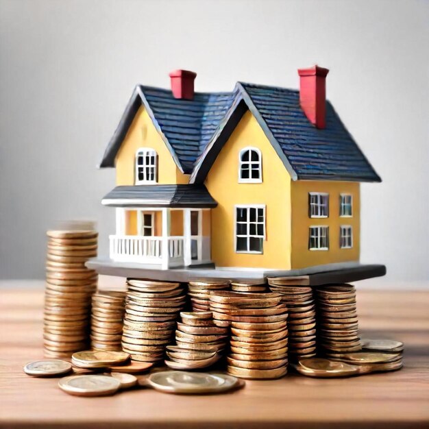 Photo a yellow house with a blue roof and a house on top of coins