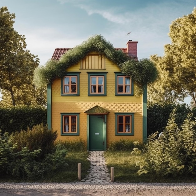 A yellow house with a green roof and a green roof.