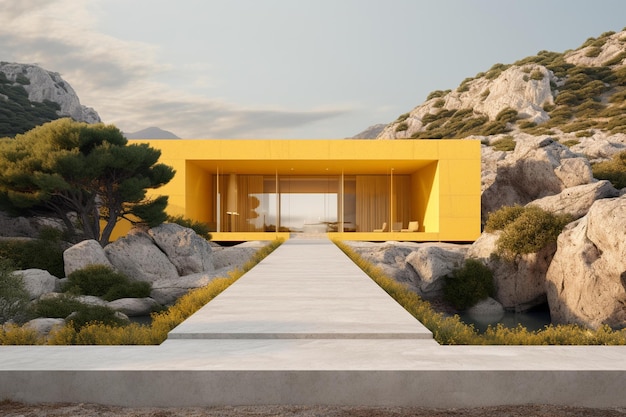 A yellow house with a path that leads to a beach.