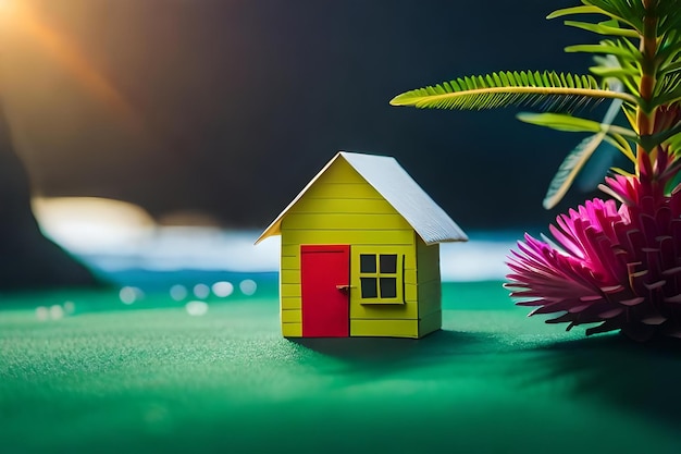 A yellow house with a pink flower in front of it