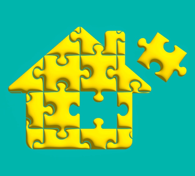 A yellow house with a puzzle piece in the center.