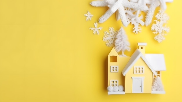 A yellow house with snow on the roof and a snowflake on the top.