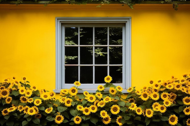 A yellow house with sunflowers on the window sill