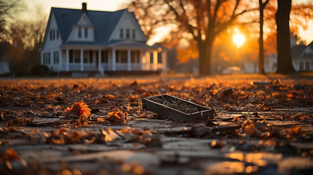 a yellow house with a tree in the background and a box in the middle of it