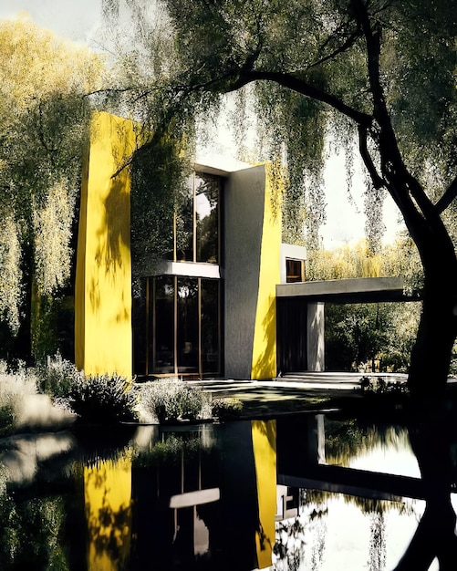 A yellow house with a tree in the foreground