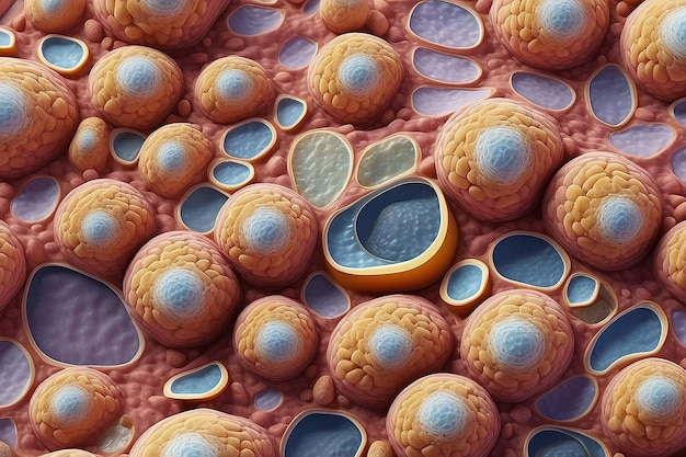 Yellow human adipose tissue cells under a microscope fat cells cholesterol close up 3d rendering