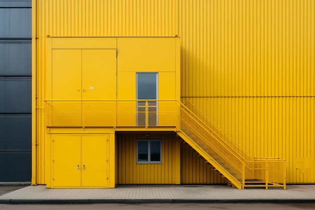 a yellow industrial building with stairs leading to a large yellow door in the style of dynamic out