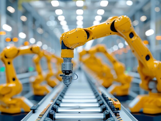 Желтая промышленная робототехника на производственной линии на современном заводе Желтая робототехническая рука в техническом обслуживании
