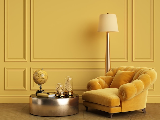 Photo yellow interior conceptclassic furniture in classic interior with copy spacewalls with ornated mouldingsfloor parquetdigital illustration3d rendering