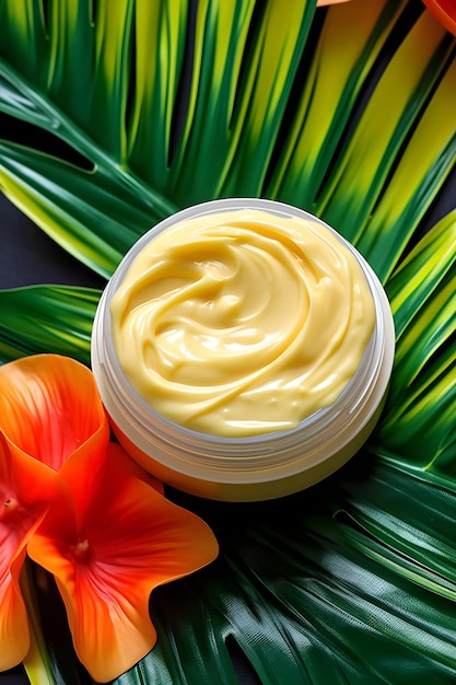 A yellow jar of cream with a flower on the background