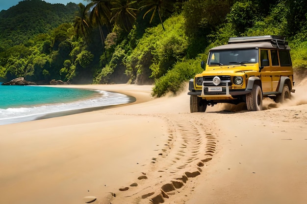 Foto una jeep gialla su una spiaggia con l'oceano sullo sfondo.