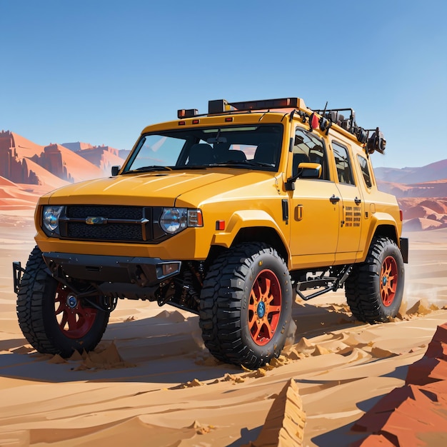 A yellow jeep is driving through the desert