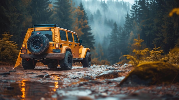 Photo yellow jeep wrangler rubicon driving on a rocky road in the forest