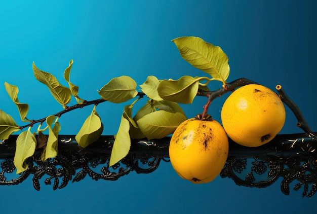 a yellow jewish fruit with leaves on blue background