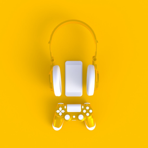 Yellow joystick with yellow headphones and smartphone