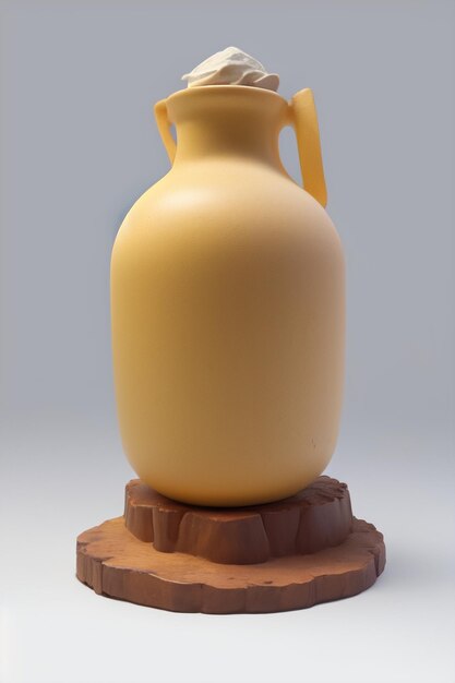 A yellow jug is on a wooden base with a wooden base