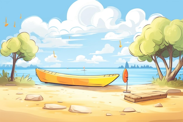 A yellow kayak docked on a sandy beach