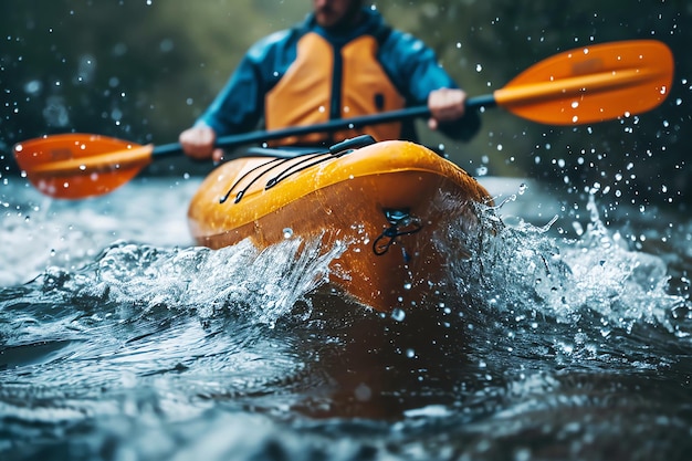 Foto kayak giallo sul fiume in montagna generato dall'intelligenza artificiale