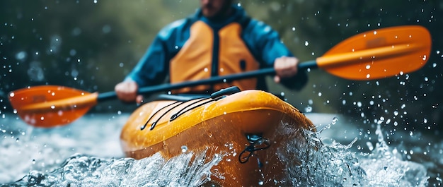 Foto kayak giallo sul fiume in montagna generato da ai