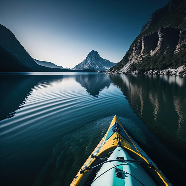 Photo a yellow kayak on the water with mountains in the background