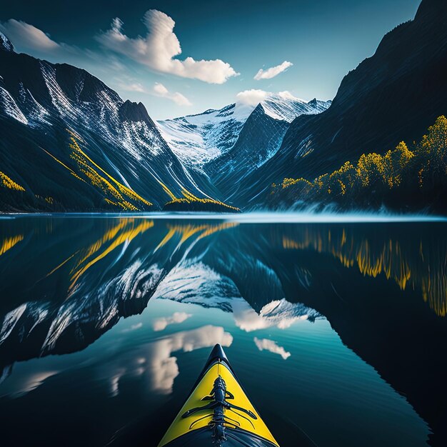 Foto un kayak giallo sull'acqua con le montagne sullo sfondo