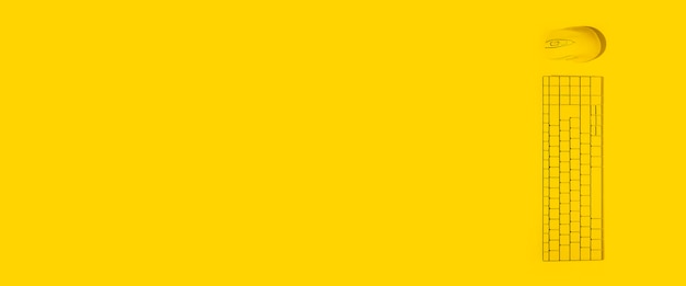 Yellow keyboard and yellow computer mouse on a yellow background Top view flat lay Banner