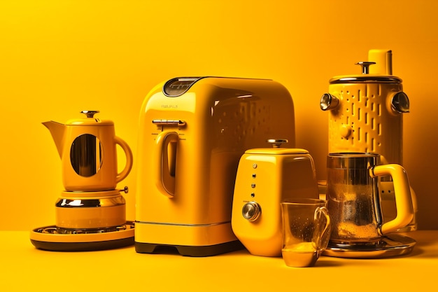 写真 黄色のキッチン家電と黄色の背景に家電製品