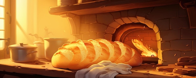Фото Печь желтой кухни, хлеб выходит горячий теплый свет производство хлеба пекарня генеративный ии