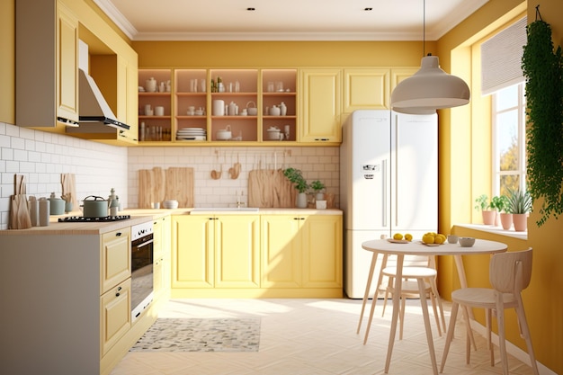 A yellow kitchen with a table and chairs and a fridge