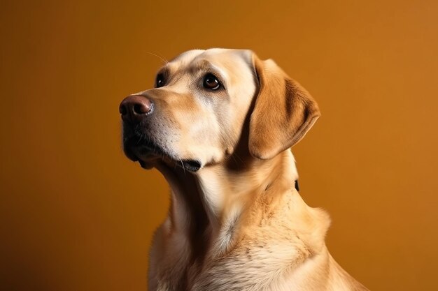 A yellow lab dog is looking to the left.