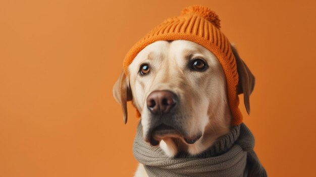 A yellow lab dog wearing a hat and scarf