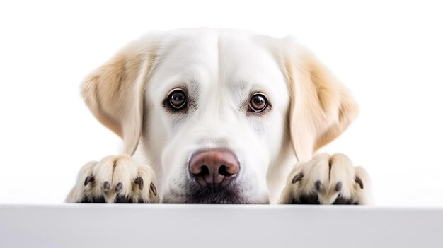 A yellow lab looking over a wall