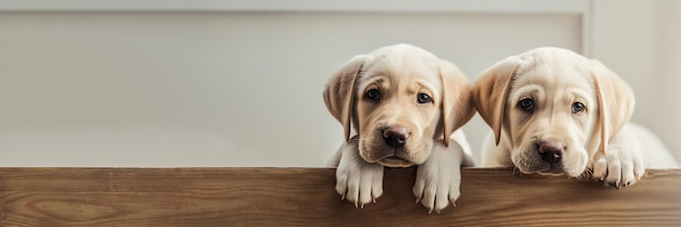 A yellow lab puppy looks out of a wooden box.