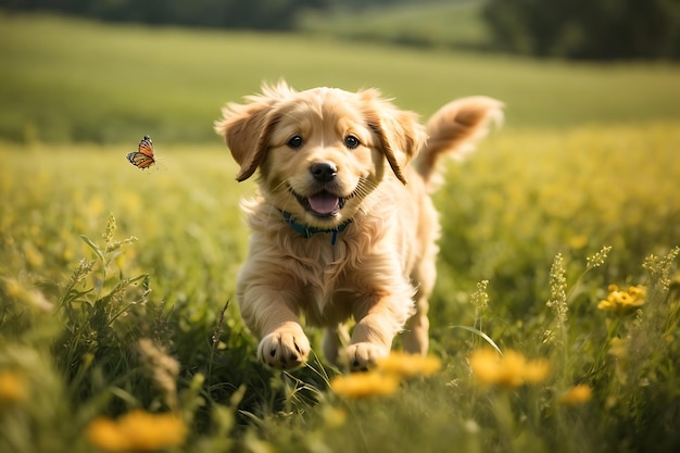 a yellow lab puppy running through a field of flowers