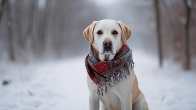 A yellow lab wearing a scarf sits in the snow.