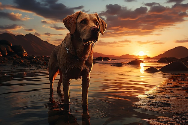 Photo yellow labrador dog on beach at sunset artistic style