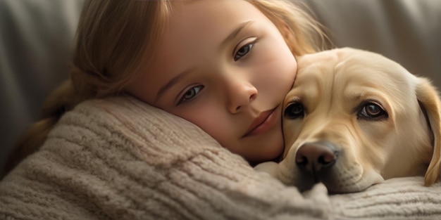 Yellow Labrador Retriever puppy cuddled up with a little girl demonstrating its affectionate